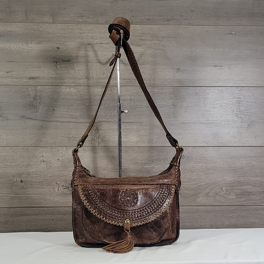 Patricia Nash Vintage Inspired Brown Tooled Leather Shoulder Bag with Tassel